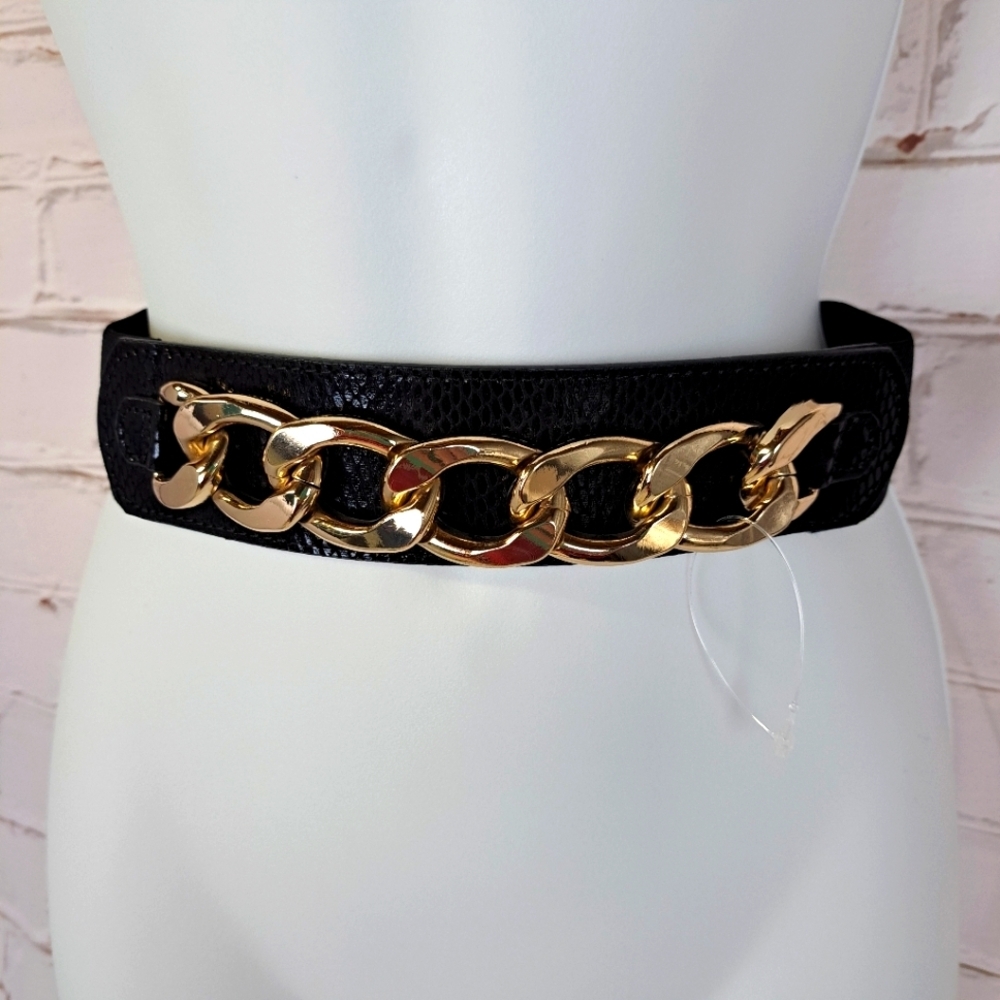 Zara Stretchy Black Belt with gold chain‎